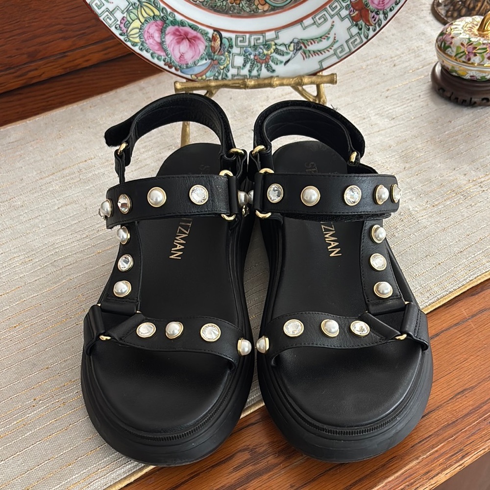 Stuart Weitzman Black Sandals with Gold and Pearl Accents